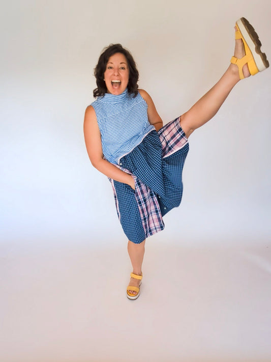 Jumin Dress - Blue Check/ Pink Plaid